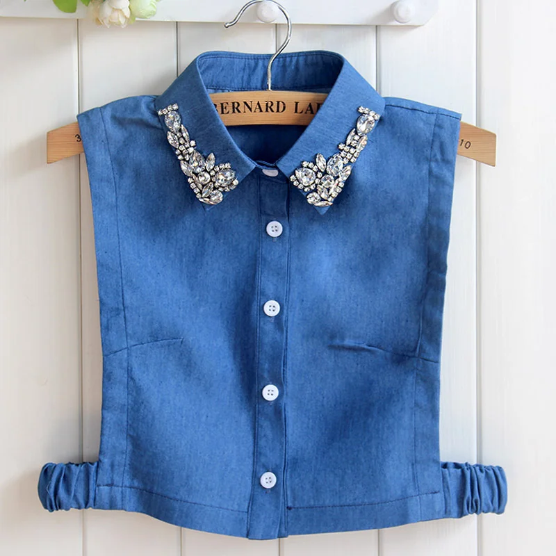 

New Autumn Winter Versatile Fake Women Nail Bead Denim Shirt Collar Decoration shirt women