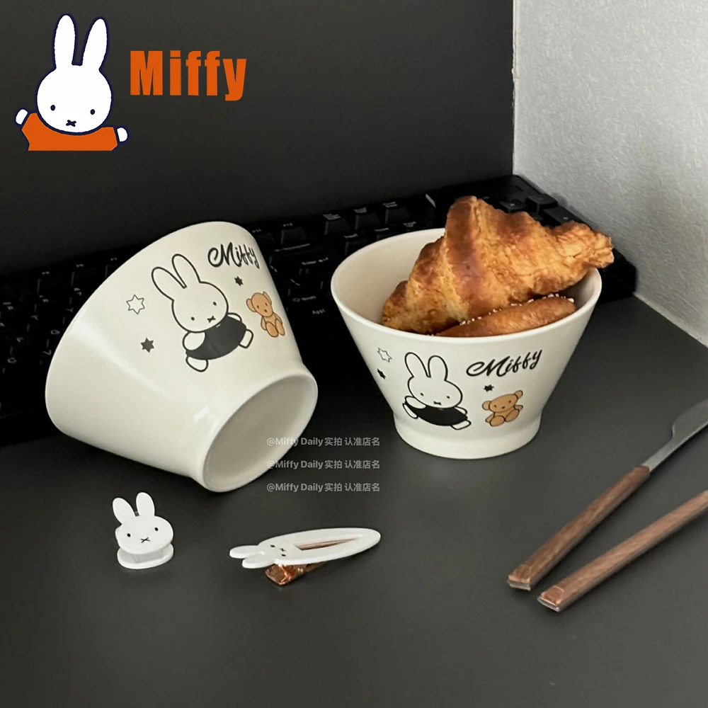 Фото Милая керамическая чаша Miffy 450 мл с кроликом, матовая, с гладким ободком, для молока, хлопьев, фруктов, закусок, для использования на столе, в столовой, общежитии, подарок для девочки №1