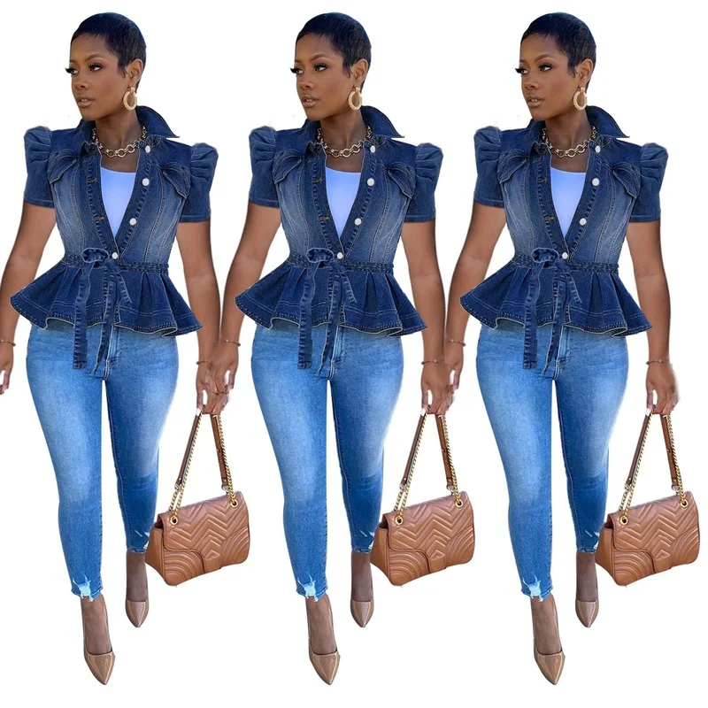 Женская джинсовая куртка однобортный Кардиган из денима с карманами оборками и