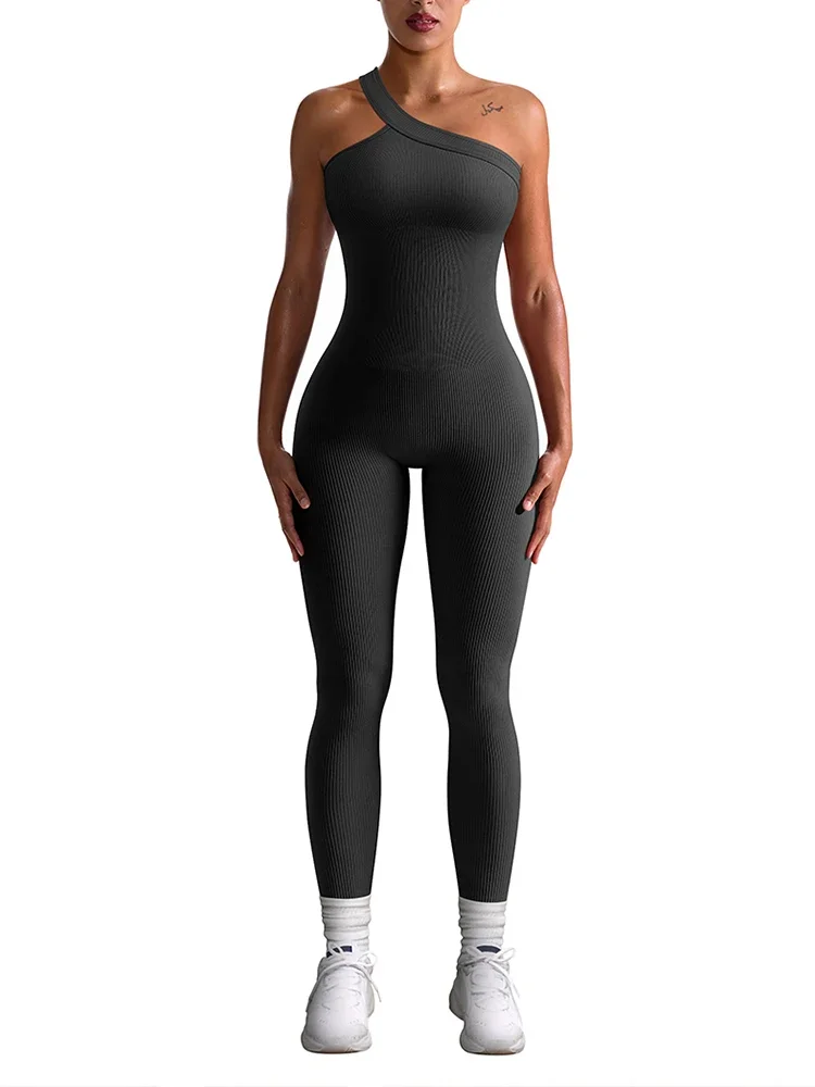 Новый осенний женский комбинезон в рубчик на одно плечо цельный бесшовный