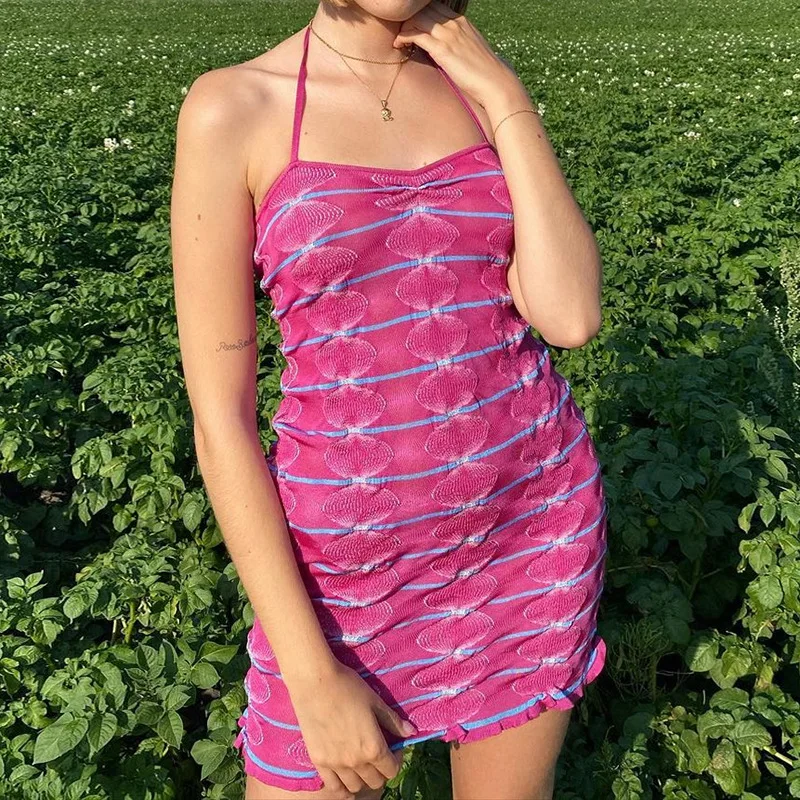 

Vintage 2000s Aesthetic Y2K Sexy Knitted Halter Dresses Women New Summer Harajuku Bodycon Beach Dress Retro Pink Cloth Mall Goth