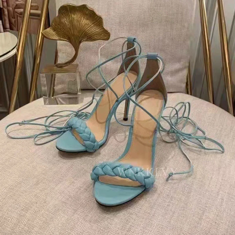 

Runway Thin High Heel Weave Sandals Women Genuine Leather Narrow Band Ankle Strappy Sandalias Female Summer Sexy Party Shoes