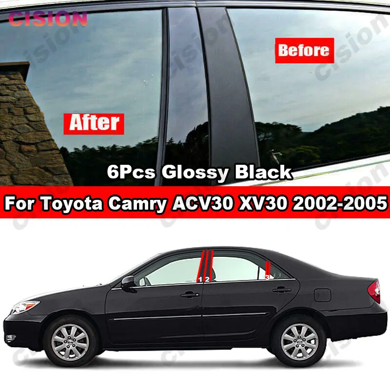 

6x Window Door Column B C Pillar Post Cover Trim For Toyota Camry ACV30 Sedan 2002-2005 Black Carbon Fiber Mirror Effect Sticker