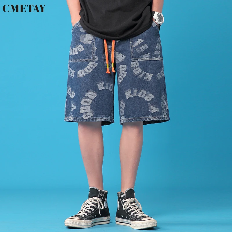 

CMETAY Jeans Men Short Pants 2022 Summer New Casual Streetwear Loose Hiphop Jean Printed Drawstring Black Denim Shorts