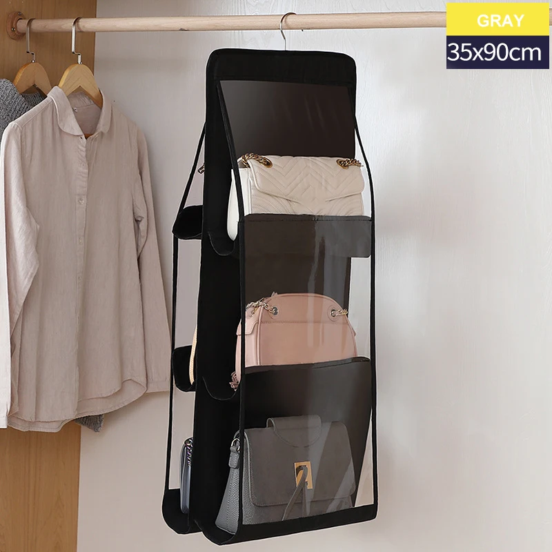 

Multi-use 6 Pockets Shelf Tote Rack Bag Clear Hanging Purse Handbag Organizer Storage Holder Wardrobe Closets Foldable
