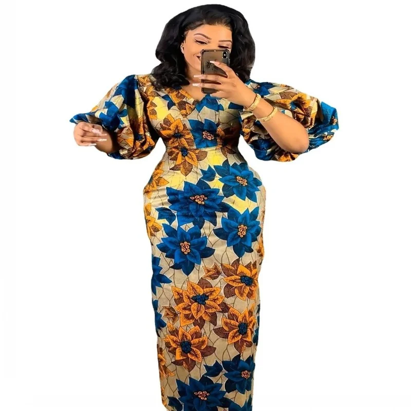 

Flower Print V-Neck Boho Pencil Dress Slim 2022 Autumn Sexy Cut Out Ruffles Dresses Women Party Office Maxi Vestidos S-3XL