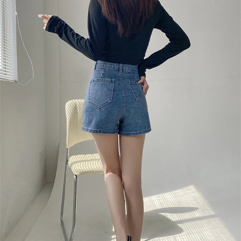 High Waisted Double Grain Buckle Denim Shorts Women Summer Solid Color Thin A Line Loose Slimming Hot Pants Spicy Girls Fashion