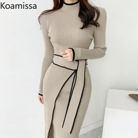 koamissa dress women long sleeves stand midi dress fashion solid elegant lady sweater dress knitted female bandage bodycon robe