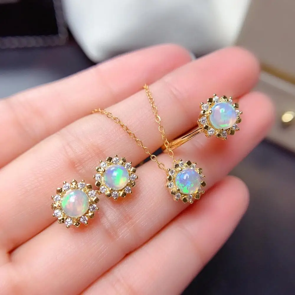 

MeiBaPJ Natural Opal Gemstone Flower Earrings Ring and Necklace for Women Real 925 Sterling Silver Fine Charm Jewelry Set