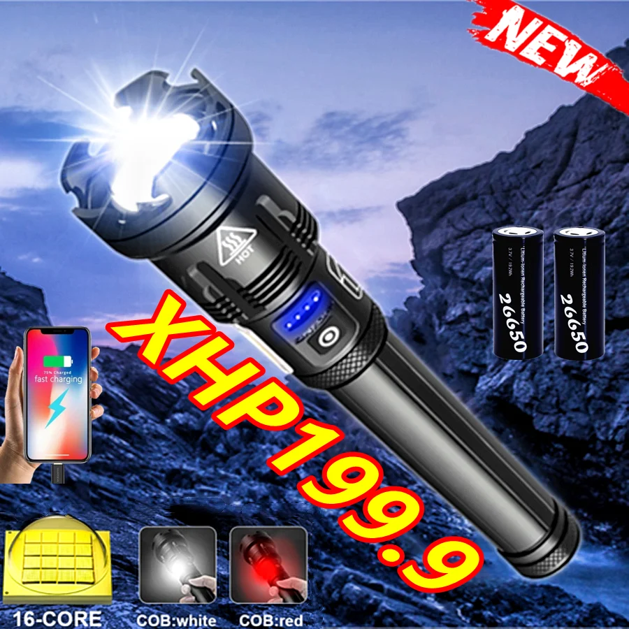 

Super XHP199 Most Powerful Led Flashlight XHP160 Rechargeable Tactical Flashlight 18650 USB Zoom Torch Light COB Camping Lantern