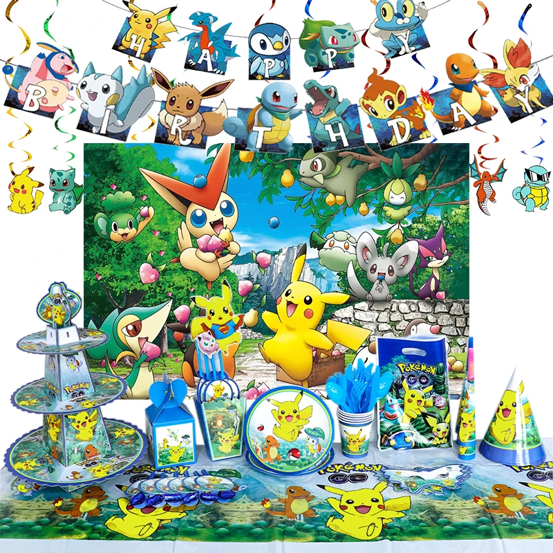 

Pokemon Pikachu Happy Birthday Party Supplies Disposable Tableware Customizable Background Balloon Set Baby Shower Decoration