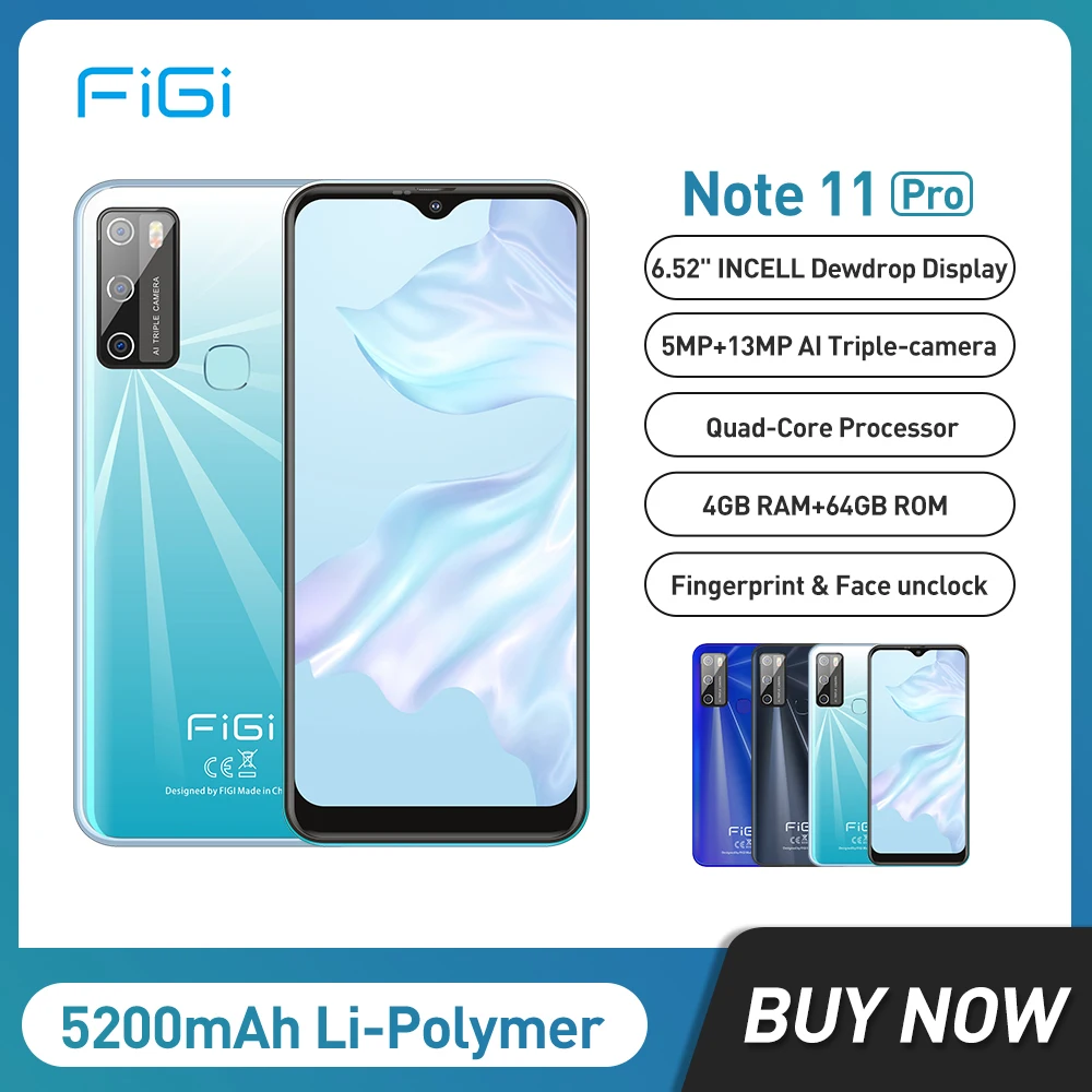 

FIGI Note 11 Pro Android 11 Quad Core Smartphone 4GB 64GB 6.52 Inch Mobile Phone MTK6762 5200mAh Cellphones 13MP Triple Cameras