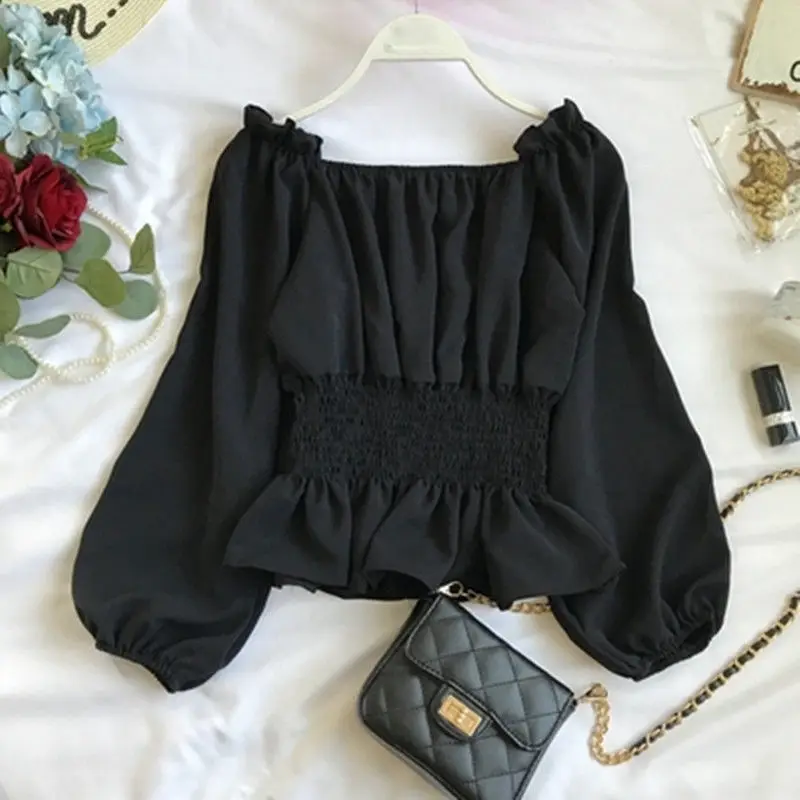 

2023 Fashion Woman Blouses Off Shoulder Ruffle Tunics Puff Sleeve Elegant Chiffon Shirt Топ Женский Ladies Tops Ropa Muje