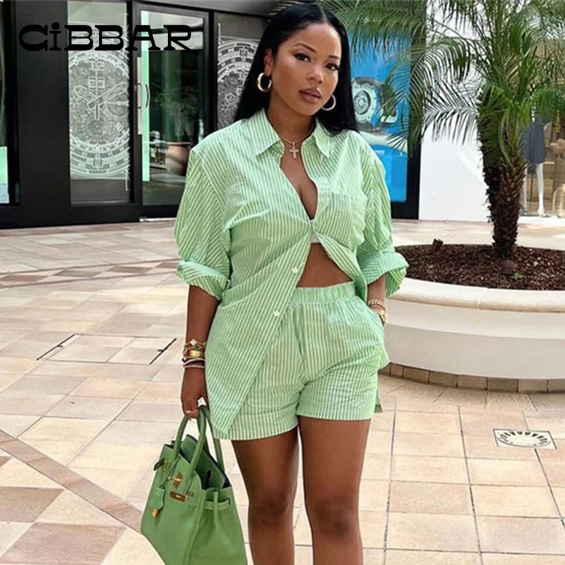 

CIBBAR Casual Two Piece Set Women Top And Shorts Streetwear Fashion Loose Button Up Outfit Match Striped Print Long Sleeves Suit