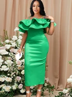 sexy strapless ruffle party dress women green shiny bodycon sheath robes high waist off shoulder prom african homecoming gown