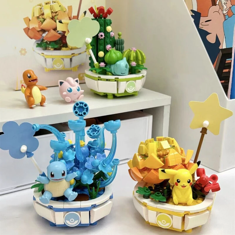 

Pokemon Pikachu Charmander Squirtle Building Block Model Toy Home Decoration Plant Potted Flower Brick Girl Toy Child Gift