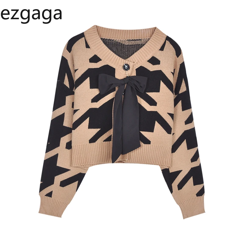 Вязаный кардиган Ezgaga с бантом женская модная Геометрическая верхняя одежда