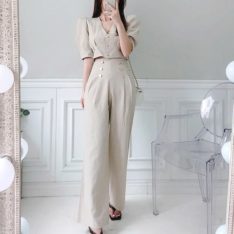 Women's Two-piece Suit 2023 Female Solid Color Sets Summer Temperament V-neck Short Tops and  High Waist Loose Wide-leg Pants