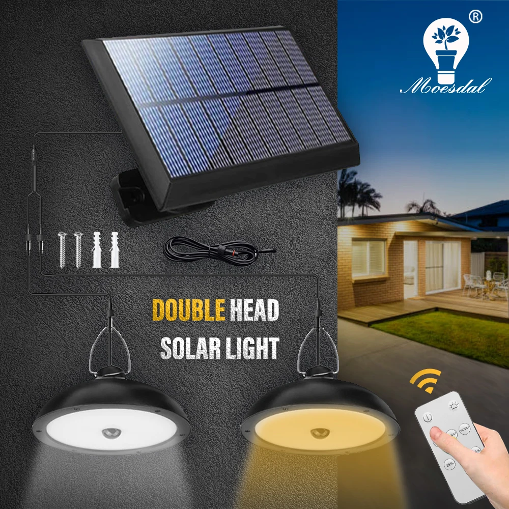 

LED Solar Light Outdoor Solar Double Head Chandelier IP65 Waterproof with Remote Control Human Body Induction Garden Wall Light