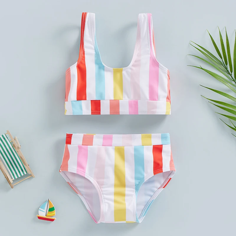 

2022-12-14 Lioraitiin 0-5Years Toddler Girl's Summer Bikini Set Rainbow Stripe Print U-Neck Vest High Waist Triangle Shorts