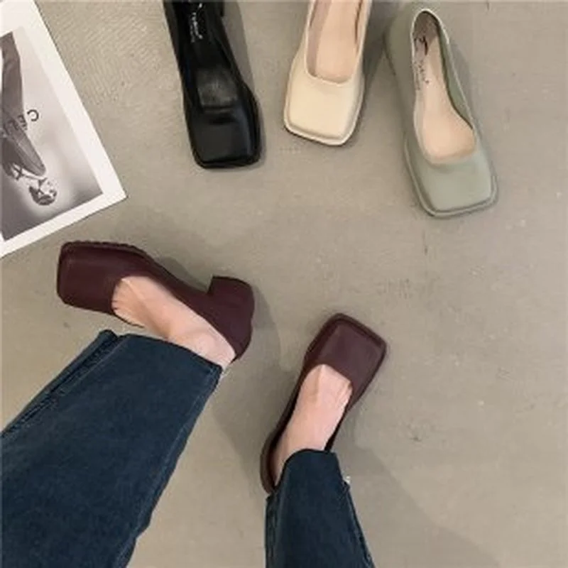 

Женские туфли на высоком каблуке, повседневные туфли на толстом каблуке, квадратный носок, Ретро стиль, с открытым носком, на осень