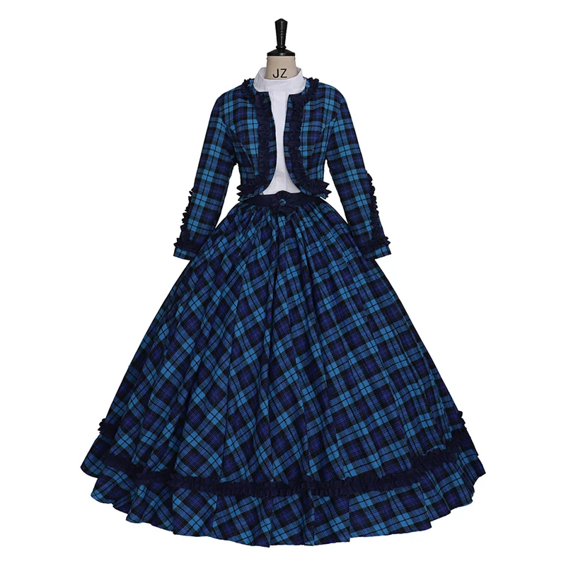 

Medieval Blue Plaid Dress Southern Belle Costume Women Civil War Era Ball Gown