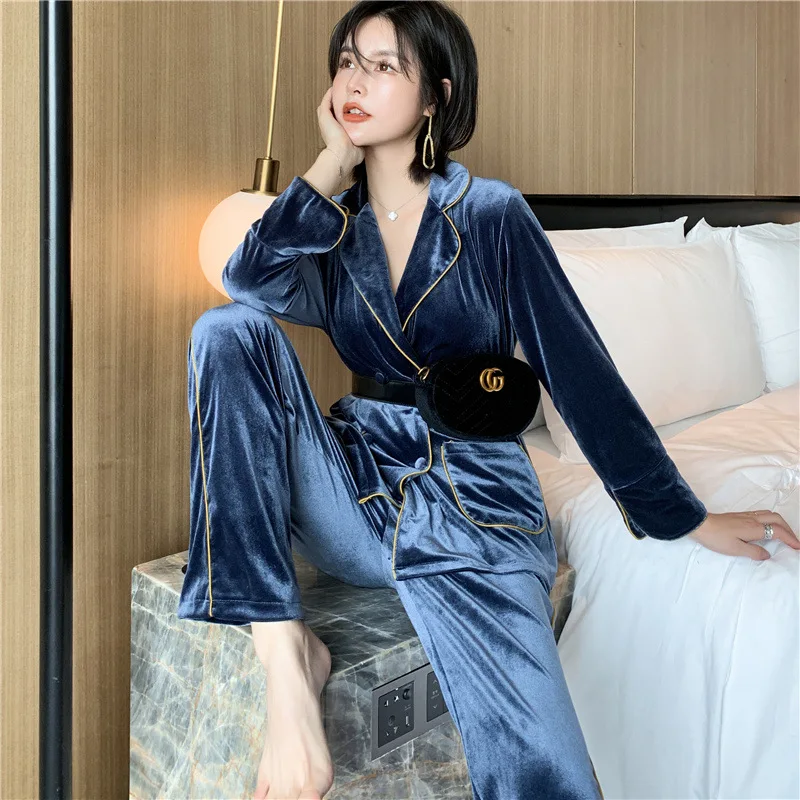 Women's 2PCS Outfits Golden Velvet Pyjamas Winter Warm Sleepwear Homewear Nightwear For Winter Christmas Home Clothing