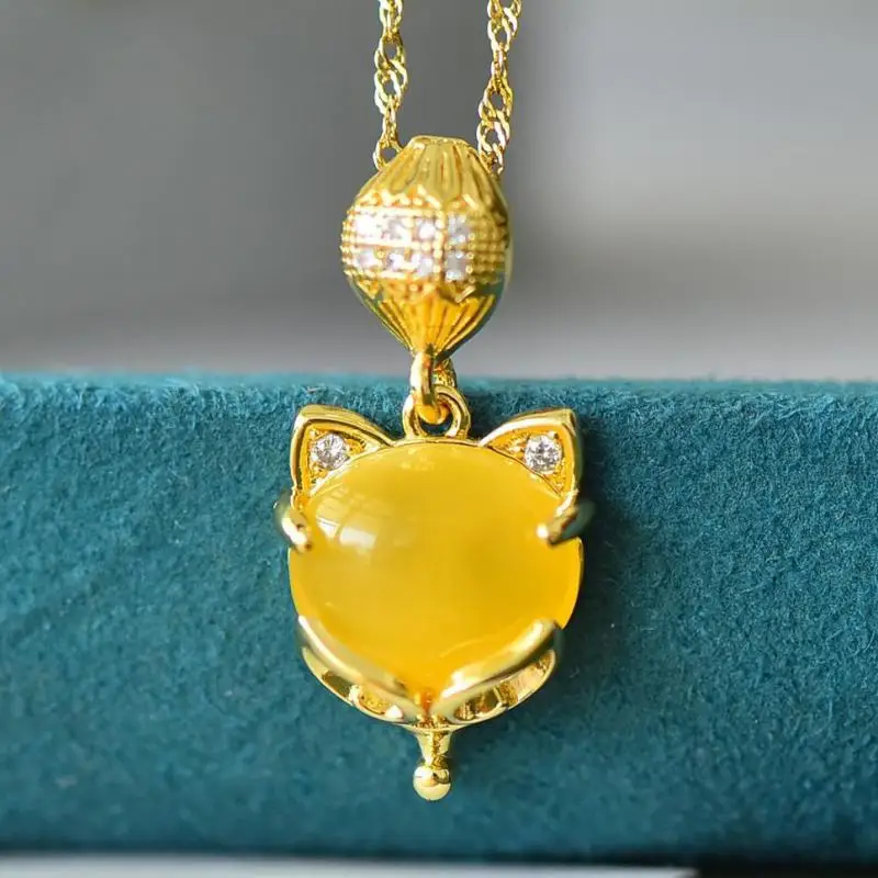 

Natural Amber Fox Necklace Women Healing Gemstone Fine Jewelry Accessories Genuine Baltic Ambers Fox Head Pendant Necklaces