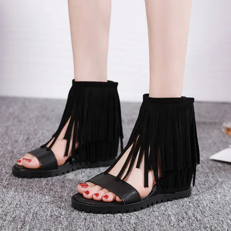 

Сандалии-гладиаторы женские из натуральной кожи, туфли на высоком каблуке с бахромой, с открытым носком, с ремешком на одной линии