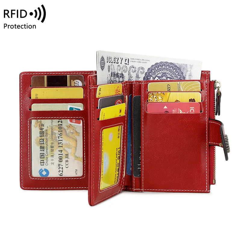 RFID Anti Magnetic Wallet Short Zipper Buckle Wallet, European And American New Large Capacity Women's Zero Wallet