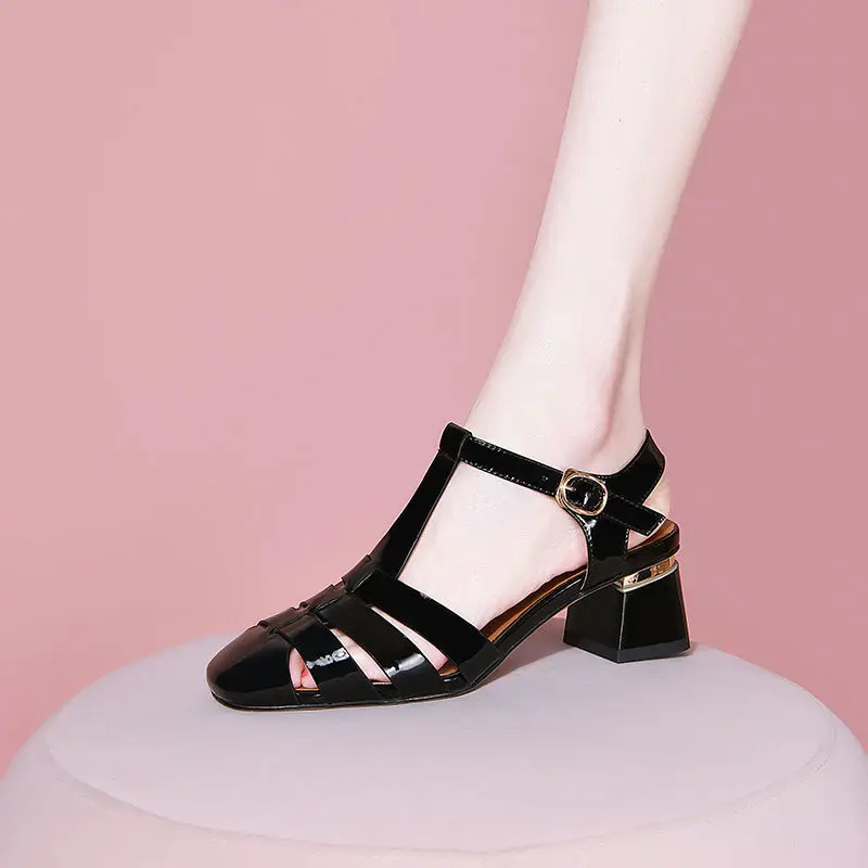 

FHANCHU 2022 New Close Toe Women Sandals Fashion High Heel Summer Shoes,Back Hollow Out Ankle Buckle Strap,Black,Beige,Dropship