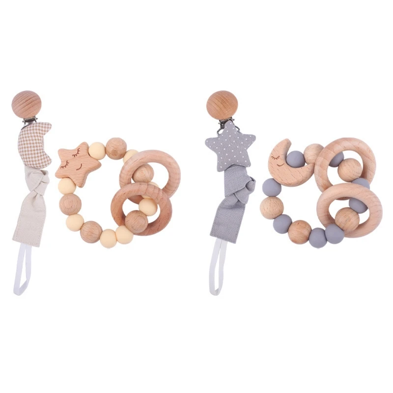 

Q1FE Baby Teething Toys Natural Wood Rattle Gym Toy Pacifier Clip Wooden Beads Rings Soothe Gums for Baby Boys Girls