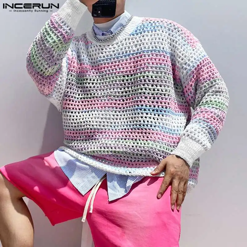 

Casual Fashion Style Tops INCERUN New Mens Colorful Gradient Hollow Design T-shirts Male O-neck Long Sleeved Camiseta S-5XL 2023