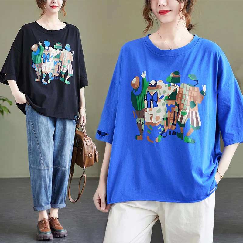 

Pierced T-shirt Women's Summer Loose Half Sleeve T-shirt Blue Printed Top Damp Cotton