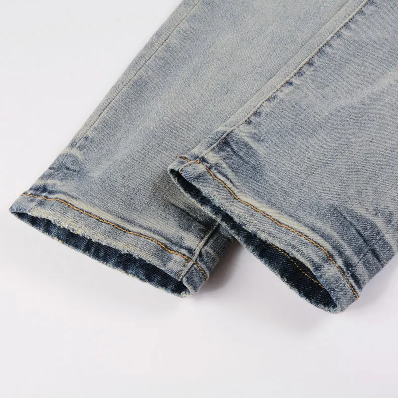 Street Fashion Men Jeans Retro Gray Blue Elastic Stretch Skinny Ripped Jeans Men Caramel Patched Designer Hip Hop Brand Pants