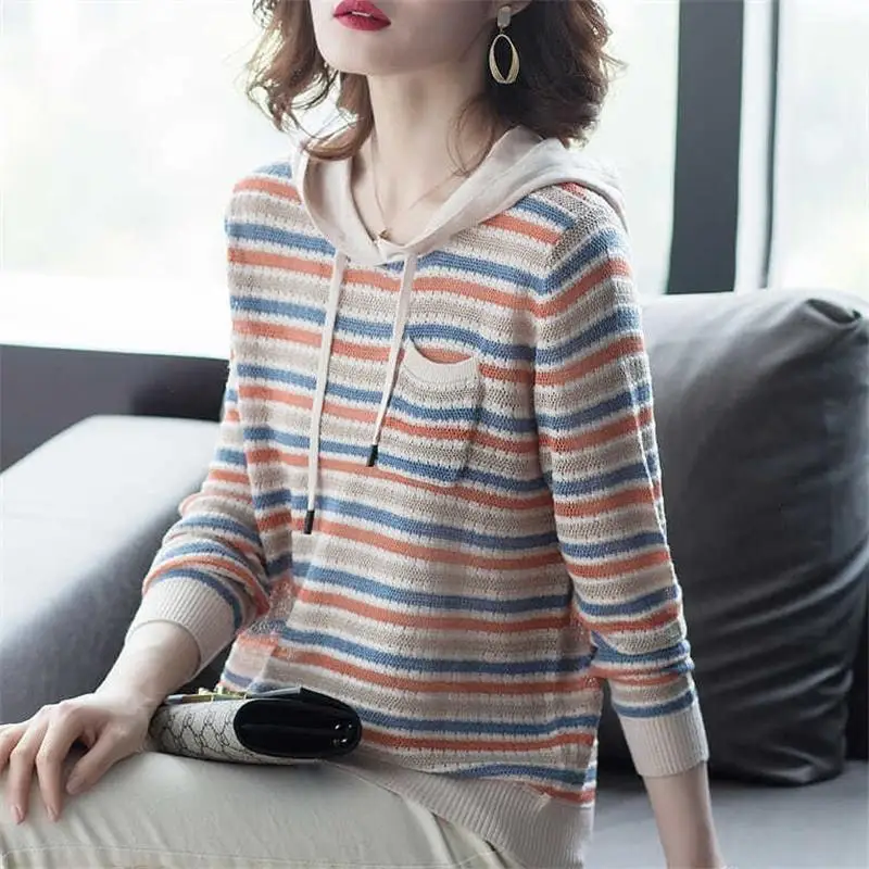 

Women 2022 Early Autumn New Fashion Thin Sweater Top Female Loose Hooded Knitted Tops Ladies Long Sleeve Striped Jumpers X67
