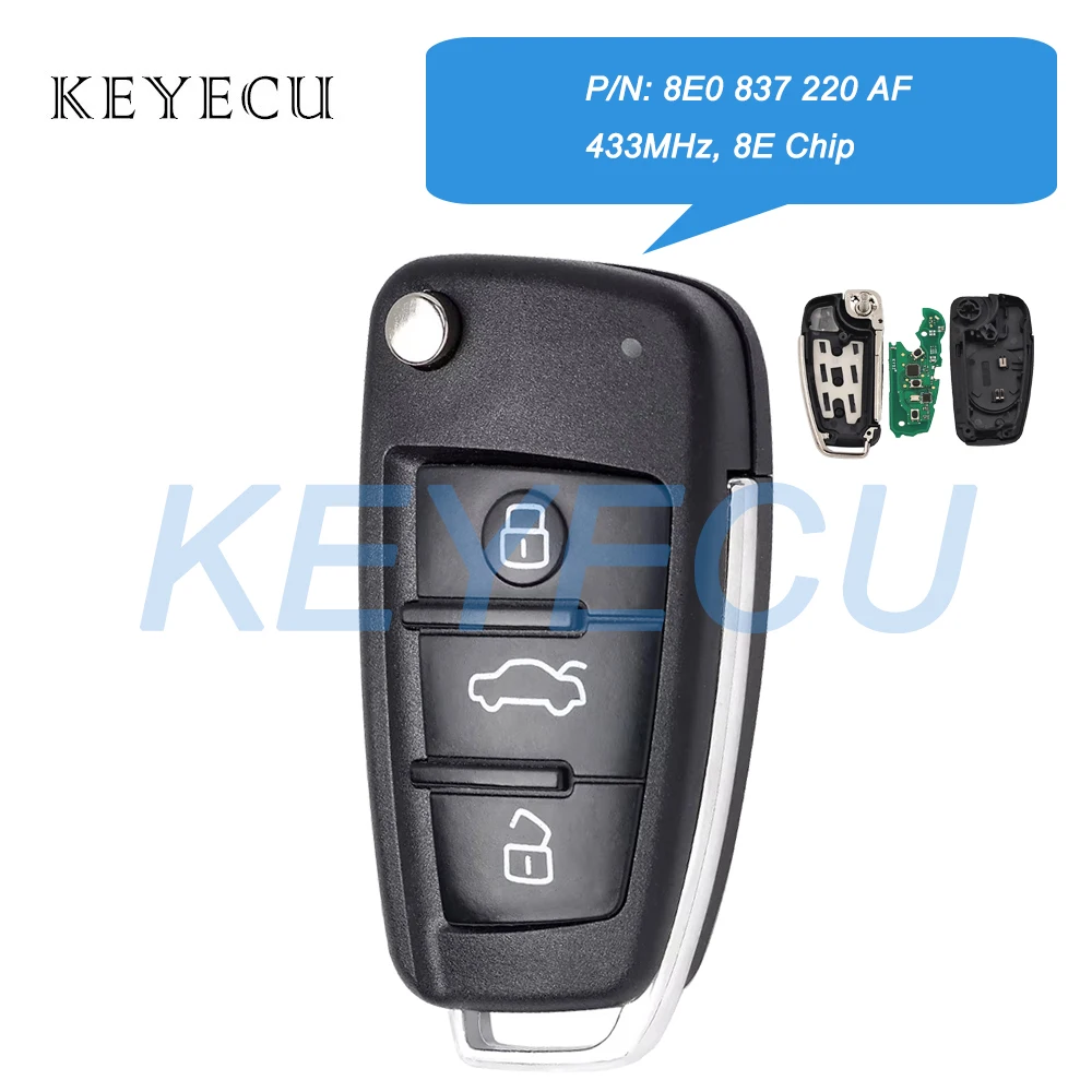 Keyecu 8E0 837 220AF для Audi Q7 2007 2008 2009 2010 2011 2012 Smart Flip Remote Автомобильный брелок 8E 0837220 AF 433 МГц