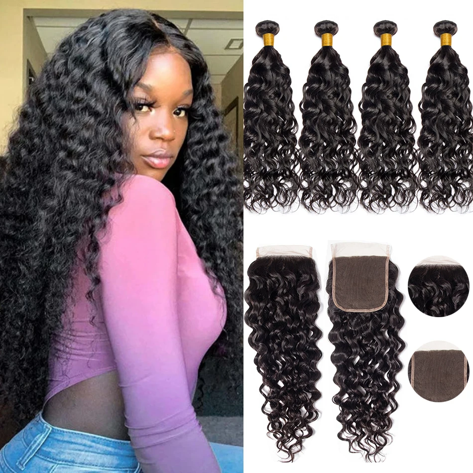 

Malaysian Water Wave Bundles With Closure Wet And Wavy Curly Human Hair Bundles With Closure 4X4 Lace Remy Hair Extensions