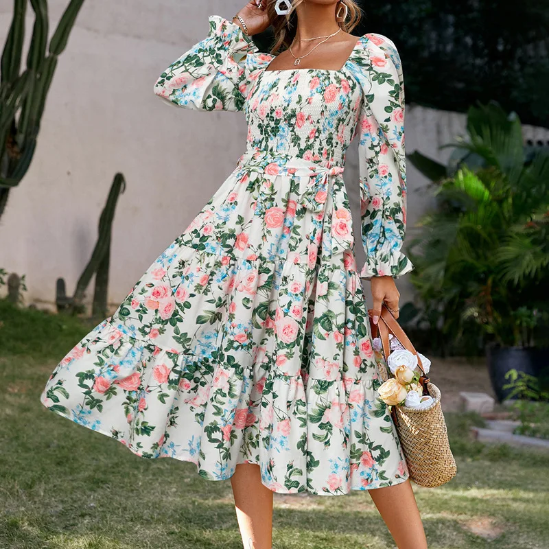 

Floral Slash Neck Long Sleeve Ruffle Print Summer Dress Women Holiday Beach Belt Vestido Elastic Dresses Korean Style Y2k платье