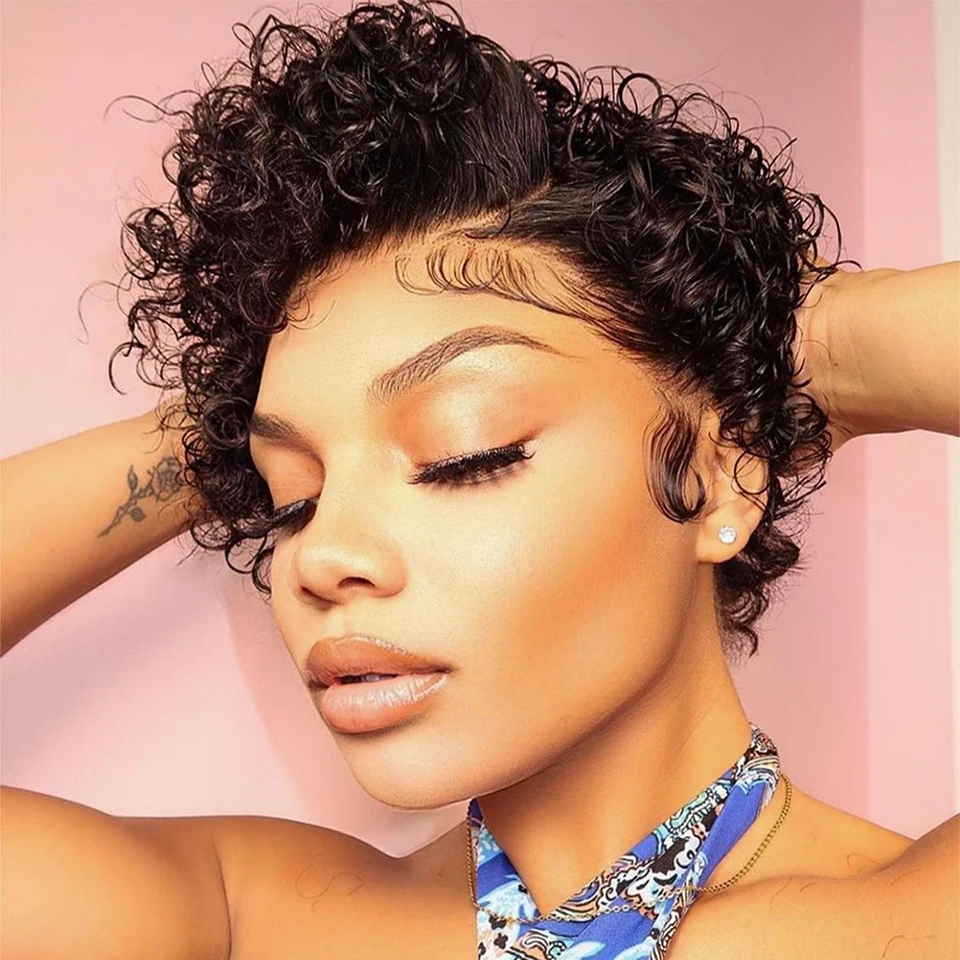 Short Bob Curly Pixie Cut Human Hair 13x4 Lace Front Wig Deep Wave 180 Density Lace Frontal Human Hair Bob Wigs For Black Women