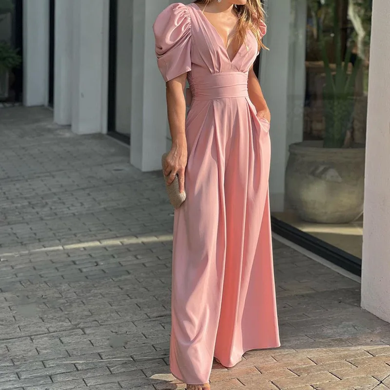 S-3XL Fashion And Elegant Large Wide Leg Pants 2023 Spring/summer V-neck Sexy European And American Short Sleeve Jumpsuit