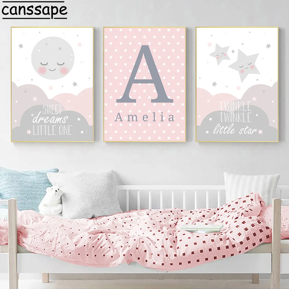 

Nursery Wall Posters Sun Art Painting Star Canvas Posters Custom Name Art Prints Nordic Wall Poster Pink Baby Girl Room Decor