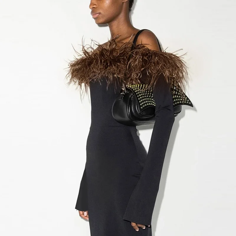 Women Off-Shoulder Long Dress 2023 Feather Sexy Bateau Long Sleeve Backless Long Party Dress Bodycon Slim Formal Dresses