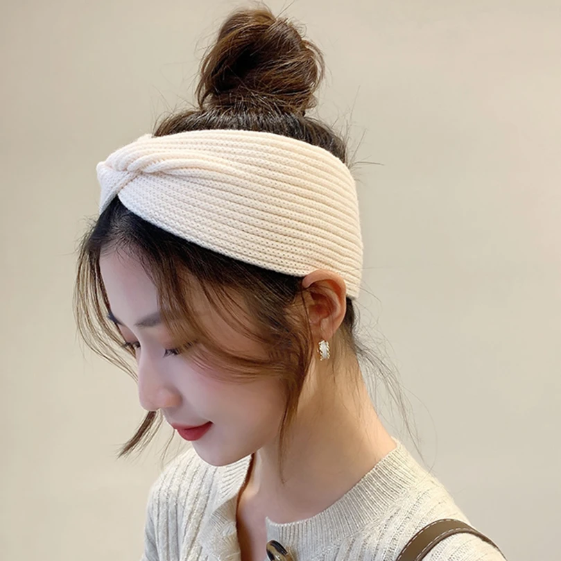 

AWAYTR Winter Warmer Ear Knitted Headband Turban For Women Crochet Bow Wide Stretch Solid Hairband Headwrap Hair Accessories