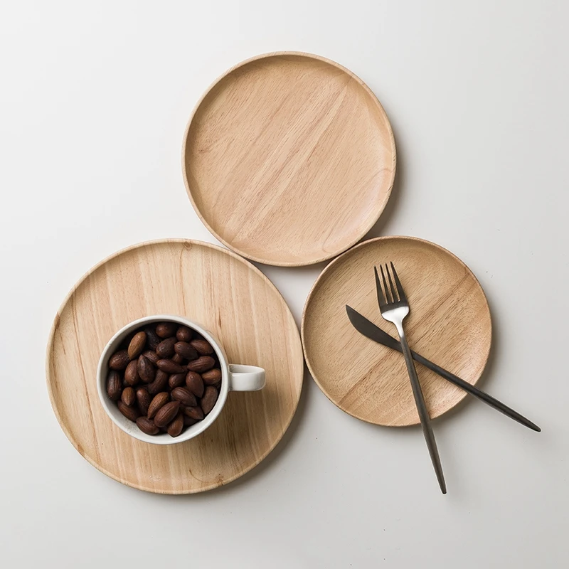 

Round Wooden Tea Tray Food Serving Plate Japanese Style Drink Platter Snack Dessert Storage Dishes Desktop Sundries Organizer