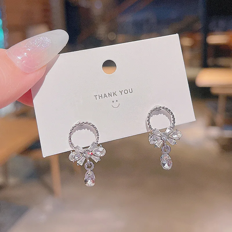 Korean Bow Earrings New Rhinestone Gemstone Female Fashion Drop Earrings S925 Silver Needle Ring Earrings Luxury Jewelry Women