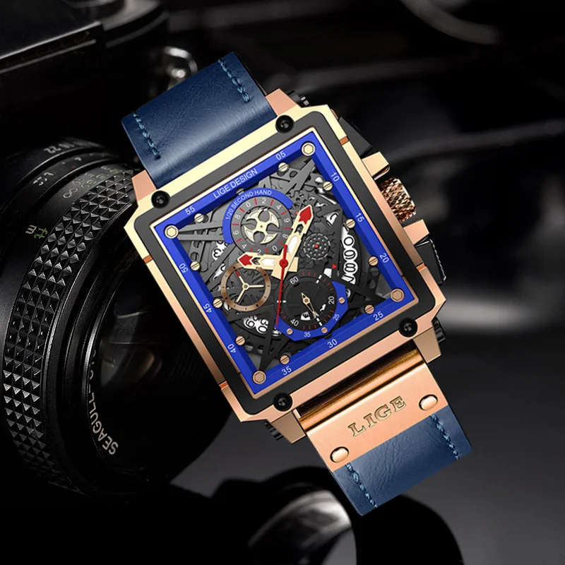 2023 New LIGE Men Watches Top Brand Luxury Hollow Square Sport Watch For Men Fashion Leather Strap Waterproof Quartz WristWatch