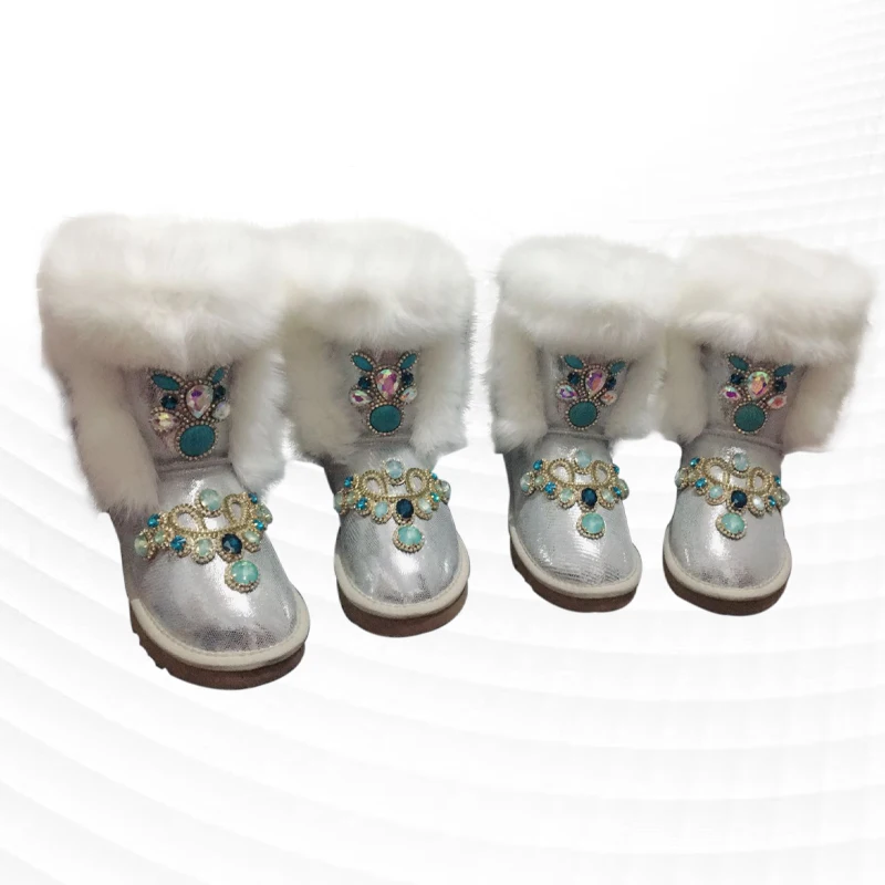 

White fur all-in-one fox plush and leg boots rhinestones winter warmth plus velvet thickened hand rhinestones 35-44