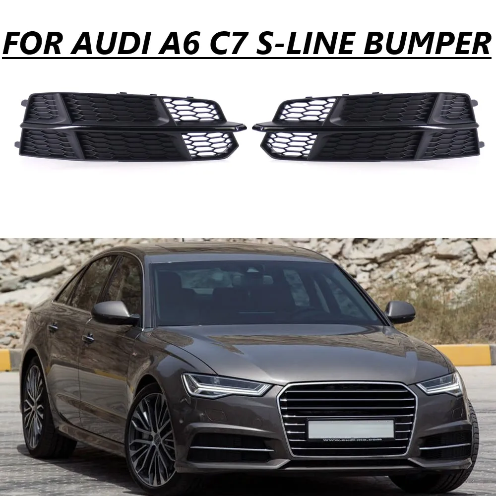 Left Right Side Front Bumper Fog Light Grill Grille Cover For Audi A6 C7 S-LINE 2014 -2018 Black Honeycomb Hex Fog Lamp Grills