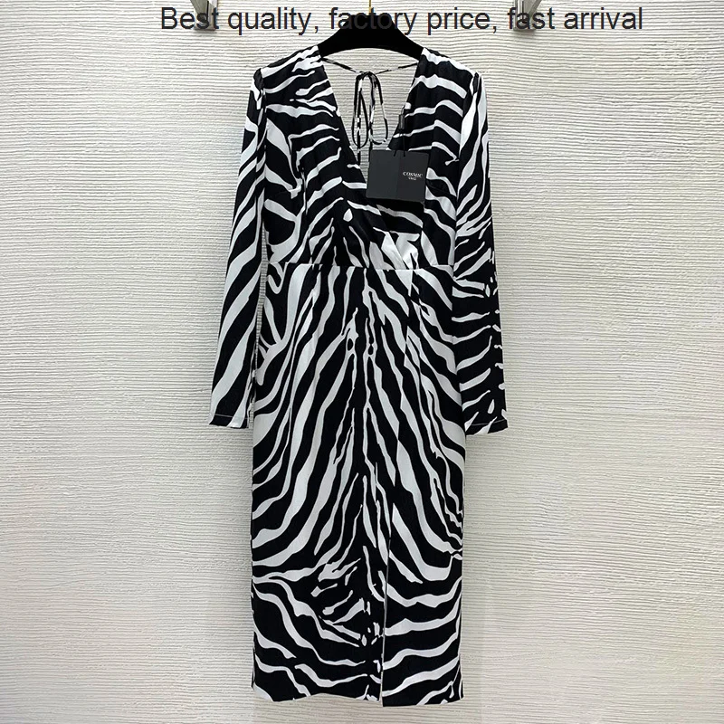 

High quality luxury brand Autumn Runway Women Sexy Slim V Neck Dress Fashion Black White Zebra Print Dresses Female Vintage Long